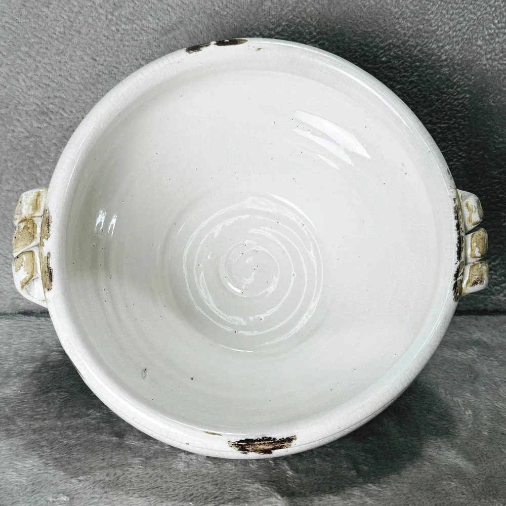Rustic White Crackle Glaze Stoneware Bowl Planter Farmhouse Cottagecore Decor